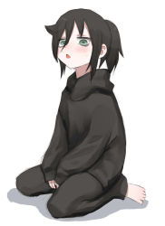 Rule 34 | 1girl, alternate hairstyle, bags under eyes, barefoot, black hair, blush, chestnut mouth, feet, female focus, full body, green eyes, hair between eyes, hood, hoodie, koma neko, kuroki tomoko, long hair, looking at viewer, open mouth, ponytail, simple background, sitting, sleeves past wrists, solo, sweatdrop, triangle mouth, wariza, watashi ga motenai no wa dou kangaetemo omaera ga warui!, white background