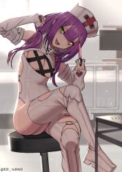 Rule 34 | 1girl, alternate costume, arm up, bed, breasts, cleavage, clothing request, crossed legs, detached sleeves, fang, green eyes, hair over shoulder, hat, head tilt, heart, highres, holding, holding syringe, hololive, hospital, hospital bed, long hair, looking at viewer, low twintails, lower teeth only, medium breasts, nurse, nurse cap, open mouth, purple hair, sideboob, sitting, skin fang, solo, syringe, teeth, tokoyami towa, tunao, twintails, twitter username, underboob, virtual youtuber