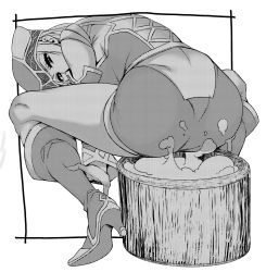Rule 34 | 1girl, ass, bare shoulders, boots, chokukame, dress, food, freya (valkyrie profile), from behind, greyscale, hat, high heel boots, high heels, huge ass, long hair, looking at viewer, mochi, monochrome, pantylines, short dress, solo, squatting, valkyrie profile (series)