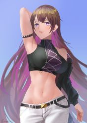Rule 34 | 1girl, arm strap, arm up, armpits, bare shoulders, belt, black belt, black jacket, black shorts, blue background, breasts, brown hair, commentary, cowboy shot, d4dj, earrings, eurylena, groin, hair between eyes, highres, himegami shano, jacket, jacket partially removed, jewelry, large breasts, long hair, looking at viewer, midriff, multicolored hair, navel, off shoulder, pants, parted lips, pink hair, purple eyes, shirt, shorts, sidelocks, simple background, sleeveless, sleeveless shirt, smile, solo, standing, turtleneck, twitter username, two-tone hair, white pants