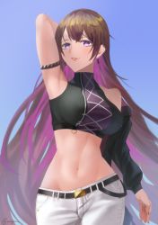 1girl arm_strap arm_up armpits bare_shoulders belt black_belt black_jacket black_shorts blue_background breasts brown_hair commentary cowboy_shot d4dj earrings eurylena groin hair_between_eyes highres himegami_shano jacket jacket_partially_removed jewelry large_breasts long_hair looking_at_viewer midriff multicolored_hair navel off_shoulder pants parted_lips pink_hair purple_eyes shirt shorts sidelocks simple_background sleeveless sleeveless_shirt smile solo standing turtleneck twitter_username two-tone_hair white_pants