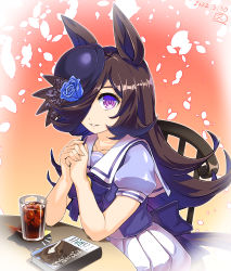 Rule 34 | 1girl, animal ears, brown hair, chair, cup, dated, drinking glass, gradient background, hair over one eye, hat, highres, hisahiko, horse ears, horse girl, horse tail, light smile, long hair, looking at viewer, on chair, orange background, pink eyes, pleated skirt, purple hat, rice shower (umamusume), sailor collar, school uniform, short sleeves, sitting, skirt, smile, solo, tail, tilted headwear, tracen school uniform, umamusume, white sailor collar, white skirt
