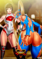 Rule 34 | 2girls, ass, blonde hair, boots, bowl cut, clothing cutout, domino mask, ggg85, hands on own hips, heart, heart cutout, highres, huge ass, knee boots, leotard, logo, looking back, mask, multiple girls, rainbow mika, street fighter, street fighter v, thong leotard, twintails, wrestling outfit, wristband, yamato nadeshiko (street fighter)