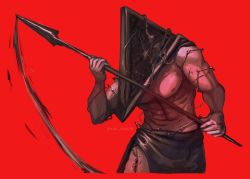 Rule 34 | 1boy, barbed wire, caad014, cropped legs, facing to the side, hands up, highres, holding, holding polearm, holding weapon, male focus, object head, polearm, pyramid head, red background, side slit, silent hill (series), simple background, solo, standing, stitches, toned, toned male, topless male, weapon