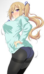 Rule 34 | 10s, 1girl, ass, blonde hair, blush, breasts, commentary request, female focus, from behind, hair ribbon, hands on own hips, hood, hoodie, kawakami mai, large breasts, long hair, looking at viewer, looking back, mole, mole under eye, musaigen no phantom world, open mouth, panties, panties under pantyhose, pantyhose, purple eyes, ribbon, side ponytail, simple background, solo, thighband pantyhose, underwear, yoshiki360