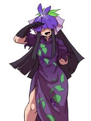 Rule 34 | 1girl, absurdres, black gloves, black hair, china dress, chinese clothes, commentary, covered eyes, dress, eddybird55555, flower, flower on head, gloves, grape print, highres, long hair, open mouth, purple dress, sidelocks, simple background, solo, touhou, unfinished dream of all living ghost, white background, yomotsu hisami