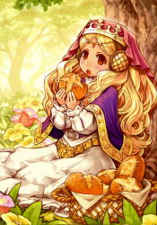 Rule 34 | 1girl, against tree, basket, blonde hair, blush, bread, crumbs, day, dress, eating, flower, food, food on face, grand knights history, highres, holding, holding food, long hair, long sleeves, looking at viewer, nature, open mouth, outdoors, princess sefia, purple flower, red eyes, shigatake, sitting, solo, swept bangs, tree, tulip, yellow flower
