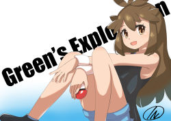 Rule 34 | 1girl, absurdres, antenna hair, aqua shorts, armpits, artist request, bare shoulders, black footwear, black shirt, brown eyes, brown hair, character name, child, collarbone, creatures (company), english text, eyelashes, female focus, fingernails, flat chest, full body, game freak, gradient background, green (pokemon), hands between legs, happy, highres, holding, holding poke ball, knees up, legs, long hair, looking at viewer, matching hair/eyes, neck, nintendo, open mouth, parted bangs, poke ball, pokemon, pokemon lgpe, print shirt, shirt, shoes, short shorts, shorts, side slit, sidelocks, signature, sitting, sleeveless, sleeveless shirt, sneakers, thighs, wristband