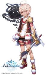Rule 34 | 1boy, ahoge, apple caramel, armor, ast memoria, braid, buttons, cape, copyright name, copyright notice, dark skin, gauntlets, gears, highres, holding, holding mace, holding weapon, logo, mace, official art, pauldrons, pointy ears, red eyes, shorts, shoulder armor, side braid, single gauntlet, single pauldron, solo, theobald (ast memoria), weapon, white cape, white hair