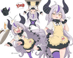 Rule 34 | 1girl, ahoge, animal, animal on head, apron, badge, bird, black skirt, blouse, blush, braid, button badge, collar, cosplay, crow (la+ darknesss), cup, demon horns, fang, food, frilled apron, frills, hair between eyes, hololive, holox, horns, la+ darknesss, long hair, looking at viewer, metal collar, multicolored hair, on head, open mouth, pointy ears, purple hair, purple thighhighs, shirt, short sleeves, silver hair, simple background, single thighhigh, skin fang, skindentation, skirt, smile, streaked hair, striped horns, thighhighs, tray, upside-down, vinhnyu, virtual youtuber, waitress, white background, white shirt, working!!, yamada aoi, yamada aoi (cosplay), yellow apron, yellow eyes