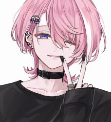 Rule 34 | 1boy, bishounen, black nails, black skirt, ear piercing, earrings, hair ornament, hairclip, half-closed eyes, highres, jewelry, long sleeves, looking at viewer, male focus, minase (neo-porte), mole, mole under eye, multicolored hair, neo-porte, octopus hair ornament, piercing, pink hair, purple eyes, skirt, sleeve cuffs, smile, solo, streaked hair, stud earrings, upper body, v, virtual youtuber, white background, white hair