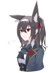 Rule 34 | animal ear fluff, animal ears, black corset, black hair, blue bow, blue bowtie, blue jacket, boutonniere, bow, bowtie, braid, collared shirt, corset, cropped torso, dark persona, eihire, extra ears, fox ears, fox girl, from side, highres, hololive, jacket, kurokami fubuki, lapels, long hair, ponytail, red eyes, shirakami fubuki, shirakami fubuki (aristocrat kei), shirt, side braid, simple background, solo, underbust, upper body, victorian, virtual youtuber, white background, white shirt