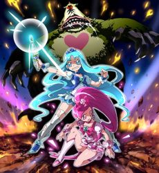 Rule 34 | 10s, 2girls, blue eyes, blue hair, blue skirt, boots, bow, brooch, coupe (heartcatch precure!), cure blossom, cure marine, epic, fire, flower tact, hanasaki tsubomi, heart, heart brooch, heartcatch precure!, ikezaki misa, jewelry, knee boots, kurumi erika, long hair, magical girl, multiple girls, pink bow, pink eyes, pink hair, ponytail, precure, skirt, thighhighs, torn clothes, very long hair, white thighhighs