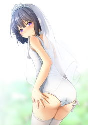 Rule 34 | 1girl, ass, bare arms, bare shoulders, black hair, blurry, blurry background, blush, bridal veil, commentary request, commission, depth of field, from behind, hair between eyes, highres, jewelry, leaning forward, looking at viewer, looking back, old school swimsuit, original, purple eyes, ring, school swimsuit, see-through, shibacha, skeb commission, solo, swimsuit, thighhighs, tiara, veil, wedding band, white thighhighs