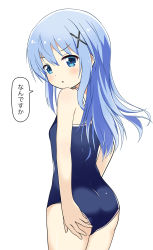 Rule 34 | 1girl, adjusting clothes, adjusting swimsuit, ass, bad id, bad pixiv id, blue eyes, blue hair, blush, commentary request, from behind, gochuumon wa usagi desu ka?, hair ornament, hairclip, highres, kafuu chino, kimura matsuri, long hair, looking back, one-piece swimsuit, school swimsuit, simple background, solo, swimsuit, translated, white background