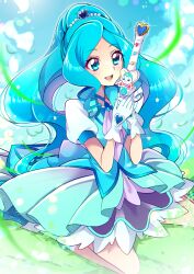 Rule 34 | 1girl, absurdres, blue choker, blue eyes, blue hair, blue theme, blue vest, choker, commentary, cure fontaine, earrings, gloves, grass, hair ornament, healin&#039; good precure, healing animal, healing wand, heart, heart hair ornament, heart wand, highres, jewelry, long hair, looking at viewer, magical girl, mitsuki tayura, open mouth, pegitan (precure), pom pom (clothes), pom pom earrings, ponytail, precure, puffy sleeves, sawaizumi chiyu, short sleeves, sitting, skirt, smile, solo, split ponytail, very long hair, vest, wariza, white gloves, wide ponytail
