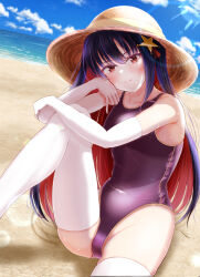 Rule 34 | 1girl, beach, black hair, blue sky, charomi, cloud, colored inner hair, commission, competition swimsuit, cowboy shot, day, elbow gloves, gloves, grey one-piece swimsuit, hair ornament, highres, horizon, long hair, looking at viewer, multicolored hair, ocean, one-piece swimsuit, outdoors, red eyes, red hair, school uniform, shichiyou mitsuru, skeb commission, sky, smile, solo, star (symbol), star hair ornament, station memories, swimsuit, thighhighs, white gloves, white thighhighs