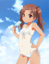 Rule 34 | 10s, 1girl, :t, bikini, black ribbon, breasts, brown eyes, brown hair, closed mouth, contrapposto, cowboy shot, crotch seam, day, eating, food, front-tie bikini top, front-tie top, girls und panzer, hair ribbon, holding, kadotani anzu, long hair, looking at viewer, navel, outdoors, parted bangs, popsicle, ribbon, side-tie bikini bottom, small breasts, solo, standing, swimsuit, tan, tanline, twintails, umekichi