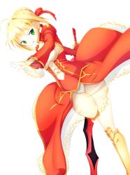Rule 34 | 10s, 1girl, absurdres, aestus estus, ahoge, bad id, bad pixiv id, blonde hair, breasts, cleavage, dress, dutch angle, epaulettes, fate/extra, fate/stay night, fate (series), green eyes, hair ribbon, highres, kinta (distortion), nero claudius (fate), nero claudius (fate), nero claudius (fate/extra), panties, ribbon, see-through, solo, sword, underwear, weapon