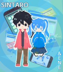 Rule 34 | 1boy, 1girl, artist request, bad id, bad pixiv id, black eyes, black hair, blue eyes, blue hair, cellphone, character name, chibi, ene (kagerou project), jacket, jersey, kagerou project, kisaragi shintarou, phone, short hair, smartphone, smile, star-shaped pupils, star (symbol), symbol-shaped pupils, track jacket, twintails