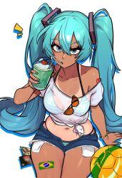 1girl aqua_eyes aqua_hair ball bikini bikini_visible_through_clothes blue_bikini bracelet brazilian_flag brazilian_miku breasts cup denim drinking_straw eyebrows_hidden_by_hair feet_out_of_frame hair_between_eyes hair_ornament hatsune_miku highres holding holding_cup jewelry large_breasts leg_tattoo long_hair looking_at_viewer nail_polish notice_lines redpostit ricardo_milos samuel_rodrigues shirt short_shorts shorts shoulder_tattoo simple_background sitting smoothie soccer_ball solo striped_bikini striped_clothes swimsuit tan tanline tattoo very_long_hair vocaloid white_background white_shirt