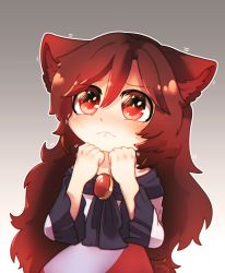 Rule 34 | 1girl, animal ears, bare shoulders, blush, brooch, brown hair, chibi, commentary, dress, dungeon toaster, gradient background, highres, imaizumi kagerou, jewelry, long hair, long sleeves, looking up, off-shoulder dress, off shoulder, red eyes, solo, tail, tears, touhou, wolf ears, wolf tail