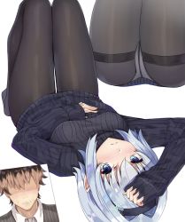 Rule 34 | 10s, 1boy, 1girl, arm up, ass, black hairband, black pantyhose, black sweater, blue eyes, blush, breasts, brown hair, character request, clenched teeth, closed mouth, crotch seam, dress, faceless, faceless male, hair ornament, hairband, hand on own stomach, kanikou, long sleeves, lying, multiple views, no shoes, panties, panties under pantyhose, pantyhose, pantyshot, ryuuou no oshigoto!, shaded face, short hair, silver hair, sleeves past wrists, small breasts, snowflake hair ornament, sora ginko, sweat, sweater, sweater dress, teeth, thigh gap, thighband pantyhose, underwear, v-shaped eyebrows, white panties, wing collar