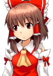 Rule 34 | 1girl, ascot, bad id, bad pixiv id, bow, breasts, brown hair, dai-erie, detached sleeves, facing viewer, frown, hair bow, hair ribbon, hair tubes, hakurei reimu, large bow, looking away, red eyes, ribbon, ribbon-trimmed sleeves, ribbon trim, short hair, small breasts, solo, touhou, upper body