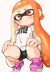 Rule 34 | 1girl, bike shorts, black shorts, commentary request, domino mask, highres, inkling, inkling girl, inkling player character, long hair, mask, mugenhouyou, nintendo, orange eyes, orange hair, pink footwear, pointy ears, shirt, shoes, short shorts, short sleeves, shorts, smile, solo, splatoon (series), spread legs, squatting, tentacle hair, thighs, white shirt