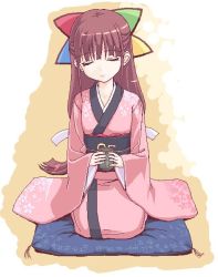 Rule 34 | 1girl, 95-tan, brown hair, cup, closed eyes, half updo, japanese clothes, kimono, kneeling, long hair, os-tan, seiza, sitting, solo, takayaki, tea