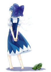 Rule 34 | 1girl, arms behind back, back, barefoot, blue dress, blue eyes, blue hair, bow, cirno, dress, fairy, frog, from behind, full body, hair bow, matching hair/eyes, ochau, short hair, solo, standing, touhou, wings