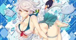 Rule 34 | 10s, 1girl, alternate costume, ass, asymmetrical hair, bad id, bad pixiv id, bare shoulders, bent over, between legs, bikini, blush, braid, breasts, brown eyes, butt crack, cleavage, collarbone, commentary request, failure penguin, frilled bikini, frills, hand between legs, kantai collection, large breasts, long hair, looking to the side, open mouth, pokoten (pokoten718), sailor bikini, sailor collar, shiny skin, silver hair, single braid, swimsuit, thigh strap, unryuu (kancolle), very long hair, wavy hair, white bikini, yellow eyes