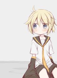 Rule 34 | 1boy, arm warmers, bad id, bad twitter id, black collar, black sleeves, blonde hair, blue eyes, blush, collar, commentary, coronavirus pandemic, grey background, highres, hitode, kagamine len, looking to the side, male focus, necktie, sailor collar, school uniform, shirt, short sleeves, sitting, solo, symbol-only commentary, vocaloid, white shirt, yellow necktie