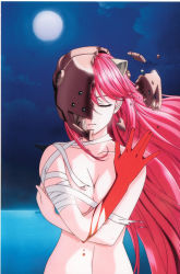 Rule 34 | 00s, 1girl, absurdres, bandages, blood, breasts, cleavage, elfen lied, highres, horns, long hair, lucy (elfen lied), monster girl, moon, night, nyuu, official art, pink hair, smile, solo
