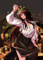 Rule 34 | 1girl, :d, absurdres, animal ears, arknights, arm up, black skirt, brown hair, commentary request, cowboy shot, green eyes, hair between eyes, head tilt, head wreath, highres, horse ears, long hair, long sleeves, looking to the side, meteor (arknights), open mouth, shijie jianfa, shirt, skirt, skirt hold, smile, solo, standing, very long hair, white shirt