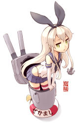 Rule 34 | 10s, 1girl, anchor, ass, black panties, blonde hair, butt crack, elbow gloves, gloves, green eyes, hairband, highres, in container, innertube, kadokawa games, kantai collection, long hair, looking at viewer, nagian, panties, personification, rensouhou-chan, shimakaze (kancolle), skirt, socks, solo, striped clothes, striped socks, striped thighhighs, swim ring, thighhighs, underwear, white gloves