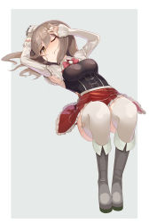 Rule 34 | 10s, 1girl, bad anatomy, bad proportions, boots, bow, bowtie, breasts, brown eyes, corset, falken (yutozin), full body, grey hair, hair between eyes, hat, highres, kantai collection, knee boots, large breasts, long hair, long sleeves, looking at viewer, lying, mini hat, miniskirt, on back, one eye closed, pola (kancolle), poorly drawn, shirt, skirt, solo, thighhighs, wavy hair, white shirt, white thighhighs
