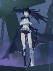 Rule 34 | 32zzz, bandage on face, bandage over one eye, bandaged arm, bandaged foot, bandaged head, bandaged leg, bandages, black cape, black footwear, black gloves, black hair, black rock shooter, black rock shooter (character), black shorts, blood, bloody bandages, blue blood, blue eyes, boots, cape, chain, cross, elbow gloves, gloves, highres, holding, holding sword, holding weapon, long hair, no shirt, shorts, sidelocks, sword, twintails, uneven twintails, weapon