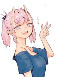 Rule 34 | 1girl, bare shoulders, breasts, cleavage, commentary request, heart, highres, horns, looking at viewer, medium breasts, nishi yoshiyuki, oni, open mouth, original, pink eyes, pink hair, pointy ears, shirt, sidelocks, simple background, skin-covered horns, smile, solo, t-shirt, twintails, upper body, v, white background