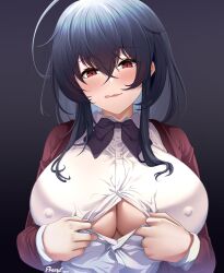 Rule 34 | 1girl, :q, absurdres, ahoge, artist name, azur lane, black background, black bow, black bowtie, bow, bowtie, breasts, button gap, buttons, covered erect nipples, dress shirt, gradient background, hair between eyes, highres, jacket, large breasts, long hair, looking at viewer, paizuri invitation, proxyl, red eyes, red jacket, shirt, solo, taihou (azur lane), taihou (sweet time after school) (azur lane), tongue, tongue out, upper body, white shirt