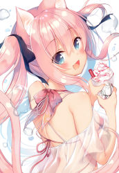 Rule 34 | 1girl, :d, animal ear fluff, animal ears, bare shoulders, bikini, bikini under clothes, black bow, blue eyes, blush, bow, breasts, cat ears, commentary request, cup, disposable cup, drinking straw, fang, food, from behind, hair bow, holding, ice cream, long hair, looking at viewer, looking back, open mouth, original, pink hair, red bikini, sazaki ichiri, see-through, sidelocks, simple background, small breasts, smile, solo, swimsuit, twintails, very long hair, water drop, white background