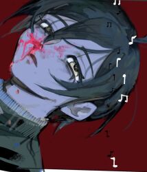 Rule 34 | 1boy, ahoge, bags under eyes, bishounen, black hair, black jacket, blood, blood drip, blood on face, blood stain, close-up, danganronpa (series), danganronpa v3: killing harmony, hair between eyes, highres, jacket, long eyelashes, looking at viewer, male focus, morning (d0nteat), musical note, nosebleed, open mouth, pale skin, parted lips, pink blood, red background, saihara shuichi, short hair, sketch, solo, thick eyelashes, yellow eyes