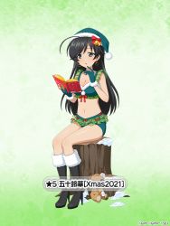 Rule 34 | 1girl, ahoge, antlers, bell, bikini, black eyes, black footwear, black hair, blush, boko (girls und panzer), book, boots, bow, breasts, character name, christmas, christmas ornaments, christmas wreath, cleavage, collarbone, deer antlers, earrings, frilled bikini, frills, fur trim, girls und panzer, girls und panzer senshadou daisakusen!, gloves, gradient background, green background, green bikini, green gloves, green headwear, green shorts, hat, hat bell, high heel boots, high heels, holding, holding book, horns, isuzu hana, jewelry, legs, long hair, midriff, navel, neck bell, official art, parted lips, pom pom (clothes), reading, red bow, red ribbon, ribbon, santa hat, short shorts, shorts, sitting, sitting on tree stump, snow, swimsuit, thighs, tree stump, wreath