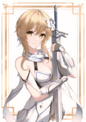 Rule 34 | 1girl, absurdres, arm guards, bare shoulders, black gloves, blonde hair, border, breasts, cleavage, cleavage cutout, clothing cutout, cowboy shot, dress, feather hair ornament, feathers, flower, genshin impact, gloves, hair flower, hair ornament, highres, holding, holding sword, holding weapon, lumine (genshin impact), medium breasts, partially fingerless gloves, popcat (jung5u), short hair with long locks, sidelocks, simple background, solo, sword, weapon, white background, white dress, white flower, yellow border, yellow eyes