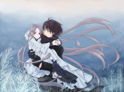 Rule 34 | 1boy, 1girl, barefoot, black coat, black gloves, black hair, blush, brown eyes, carrying, carrying person, coat, commentary request, dress, enodin, expressionless, floating hair, frost, gloves, grey hair, high collar, highres, long hair, looking at viewer, original, parted lips, princess carry, red eyes, sky, very long hair, white dress