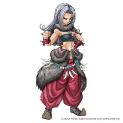 1girl arm_warmers bandeau black_bandeau breasts capelet clenched_hand dragon_quest dragon_quest_iii fenyon fur_capelet hand_on_own_hip jewelry long_hair medium_breasts midriff monster_wrangler_(dq3) navel necklace official_art pants parted_bangs pelt red_arm_warmers red_eyes red_pants solo third-party_source white_hair