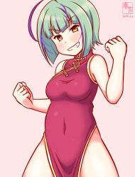 Rule 34 | 1girl, alternate costume, artist logo, bob cut, breasts, brown eyes, china dress, chinese clothes, covered navel, cowboy shot, dated, dress, flexing, green hair, grin, inverted bob, kanon (kurogane knights), kantai collection, looking at viewer, medium breasts, multicolored hair, one-hour drawing challenge, pink background, purple hair, red dress, short hair, simple background, smile, solo, streaked hair, take (kancolle), v-shaped eyebrows
