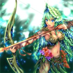 Rule 34 | 1girl, arrow (projectile), between breasts, blue eyes, bow (weapon), breasts, cleavage, drawing bow, flower, green hair, holding, holding bow (weapon), holding weapon, hozenkakari, magic: the gathering, midriff, navel, nylea, open mouth, solo, weapon