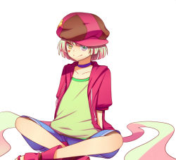 Rule 34 | 10s, 1boy, blonde hair, hat, hood, hoodie, indian style, kui sola, male focus, no game no life, shirt, short hair, shorts, sitting, smile, solo, symbol-shaped pupils, t-shirt, tet (no game no life), teto (no game no life)
