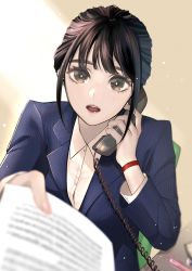 Rule 34 | 1girl, :o, absurdres, bad id, bad pixiv id, black eyes, black hair, blue suit, blurry, blurry foreground, chair, formal, highres, looking at viewer, miyako ruri, mole, mole under eye, office lady, original, paper, phone, sitting, solo, suit, talking on phone, wristband